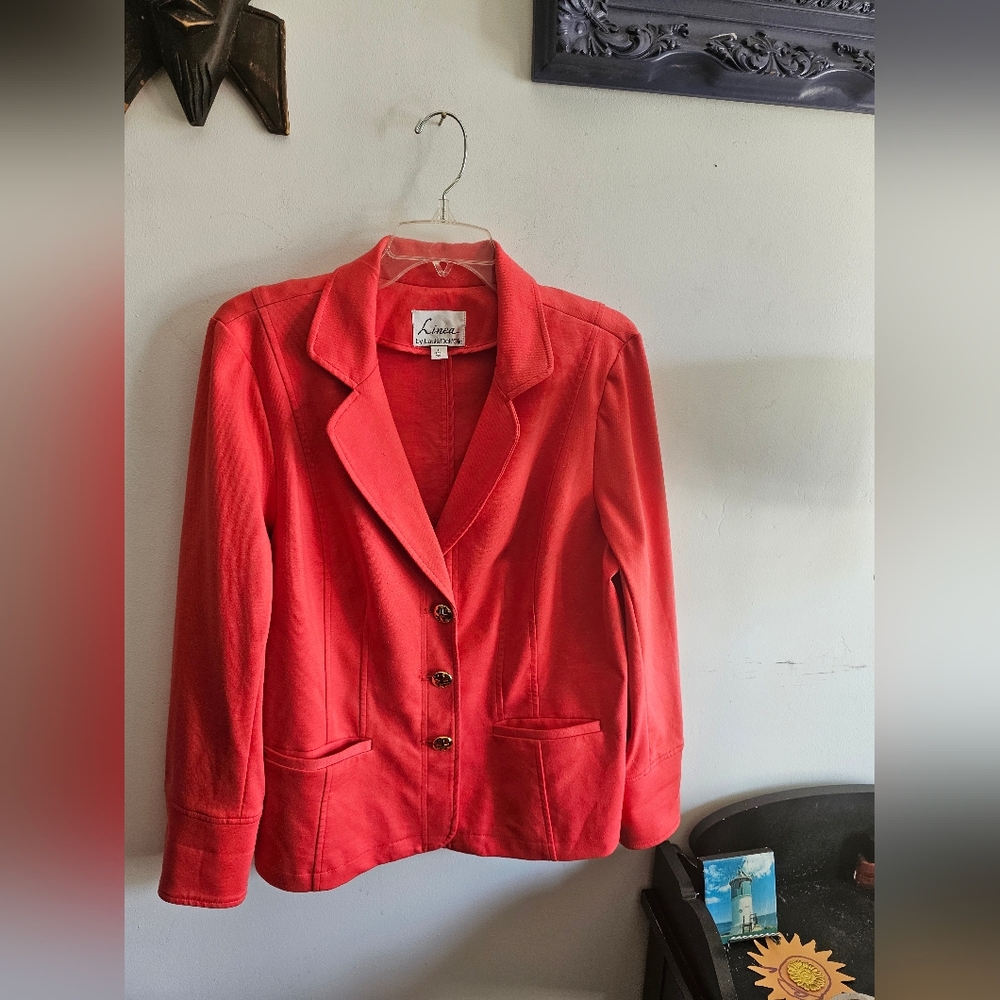 Women's Large Orange/Red Blazer Gold Buttons, Professional, Office, Interview